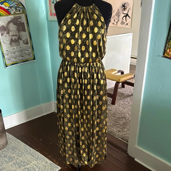 Sunday in Brooklyn, Long, gold black polkadot elastic waste cocktail dress M - Picture 1 of 7